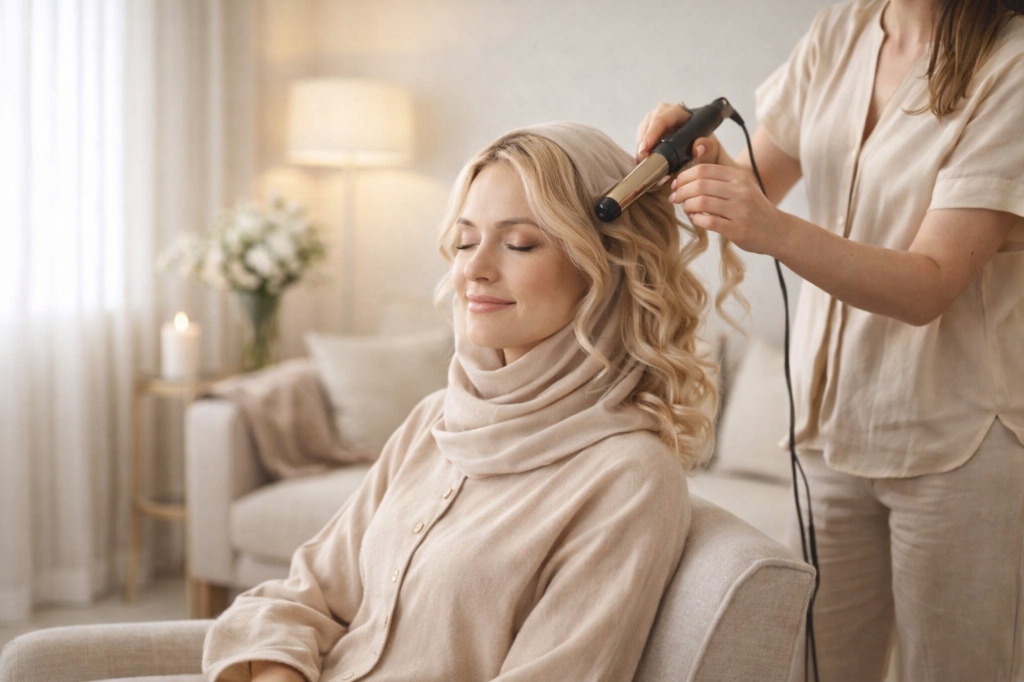 Vrouw wordt thuis geknipt in natuurlijk licht